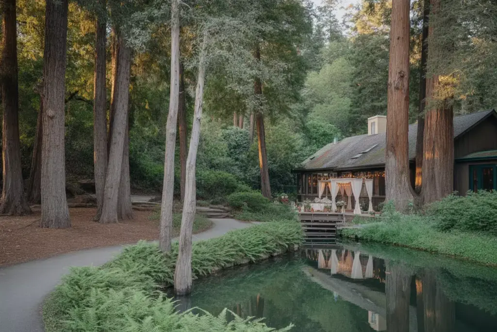 Enchanted forest path and pond at stern grove clubhouse