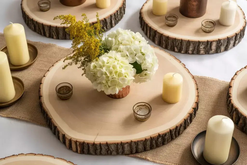 Raw wood tree slice base with white flowers and ivory pillar candles
