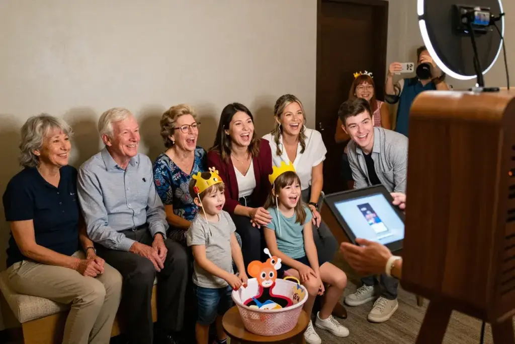 Multi generational family using photo booth together with kids and grandparents