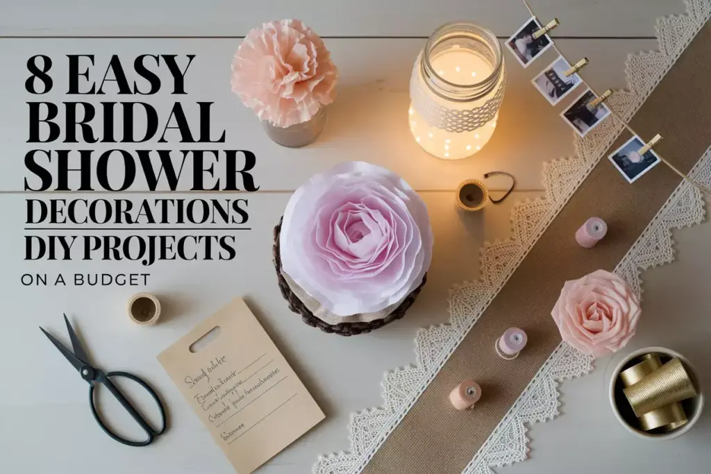Light wood table flatlay of diy bridal shower mason jar flowers and decor