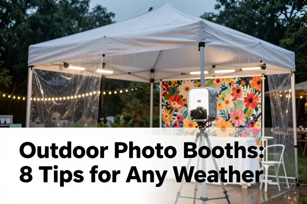 Outdoor event photo booth under canopy during light rain at evening party