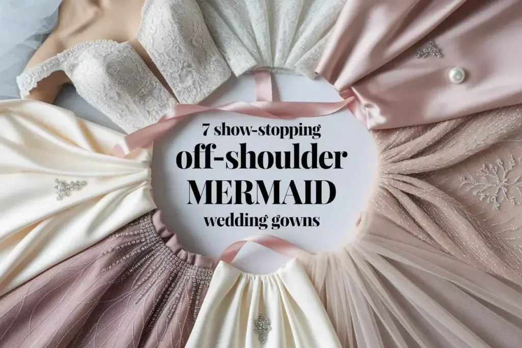 Seven curated off shoulder mermaid wedding gown details flat lay