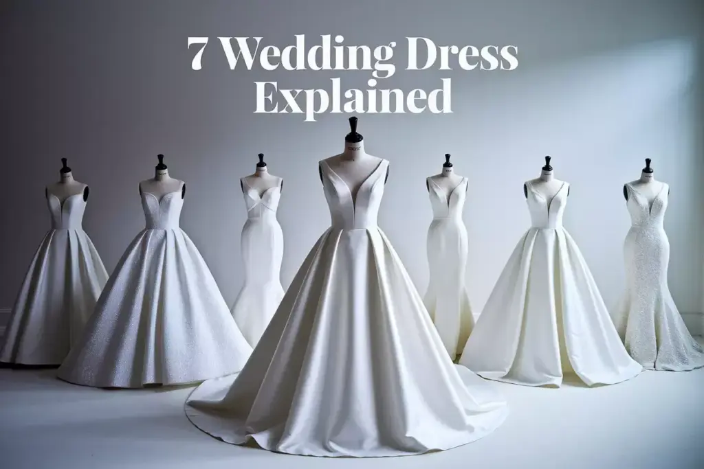 Seven elegant wedding dress silhouettes on mannequins in a minimalist studio