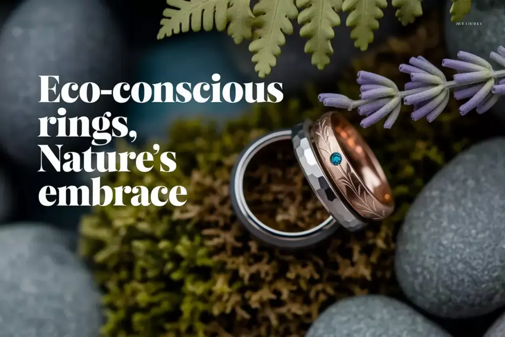 Top down flat lay of intertwined textured and botanical wedding bands on moss