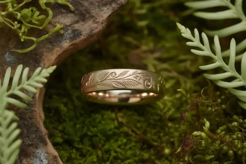 Intricate vine engraved recycled gold band on mossy forest floor