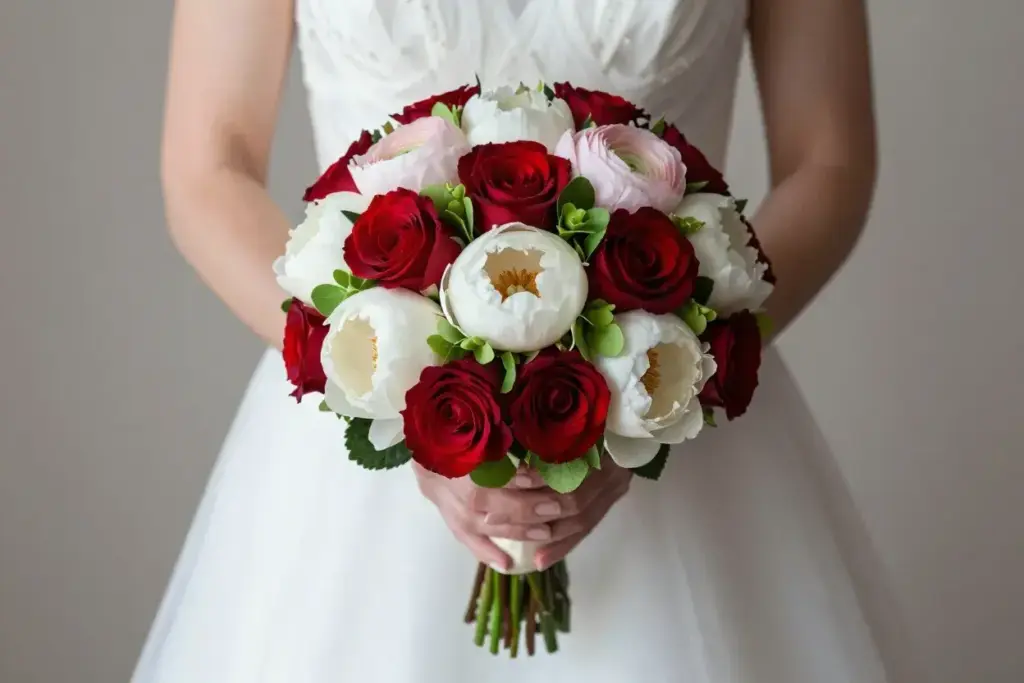Round bouquet posy style dome of roses peonies ranunculus hydrangeas