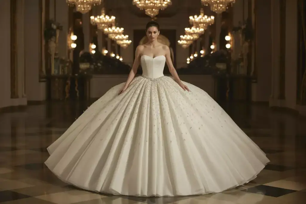 Ball gown wedding dress bride grand ballroom chandeliers voluminous skirt