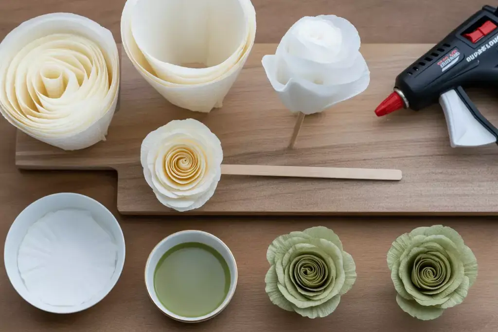 Flat lay coffee filter roses diy process with dye and skewers