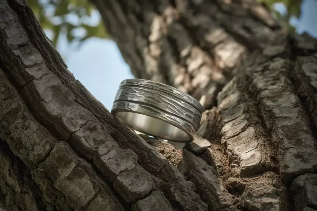 Hammered texture wedding band on rough tree bark closeup