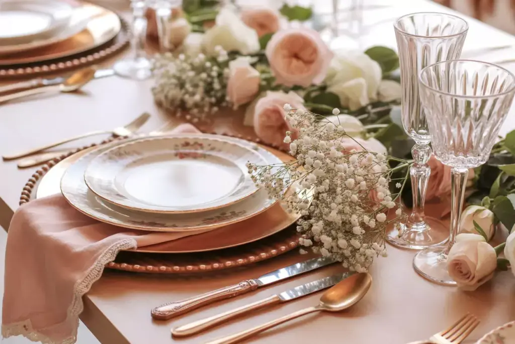 Vintage romance blush napkin rose gold charger floral china garden roses