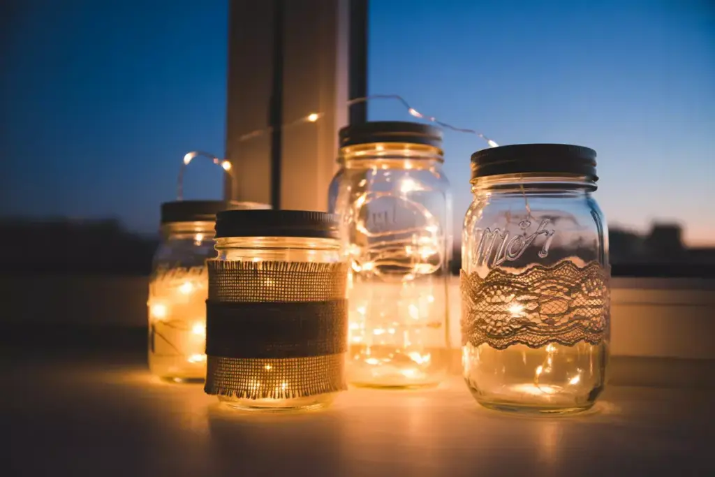 Glowing mason jar luminaries with burlap lace on dusk windowsill