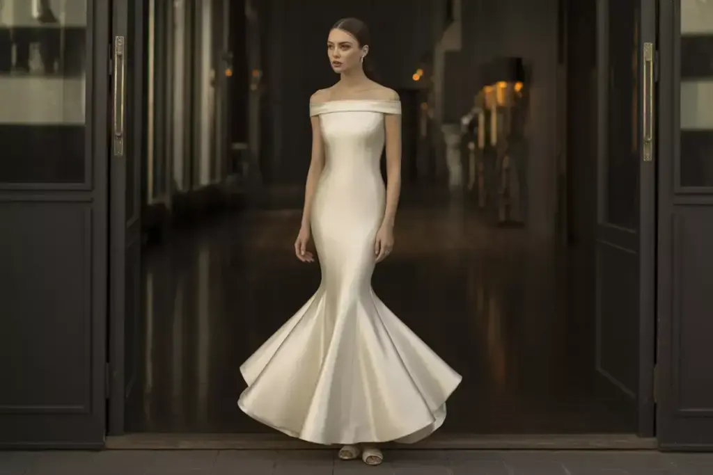 Mermaid wedding dress bride art deco lounge dramatic flare