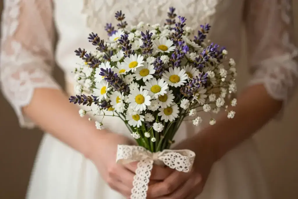 Nosegay compact round bouquet lavender daisies babys breath ribbon