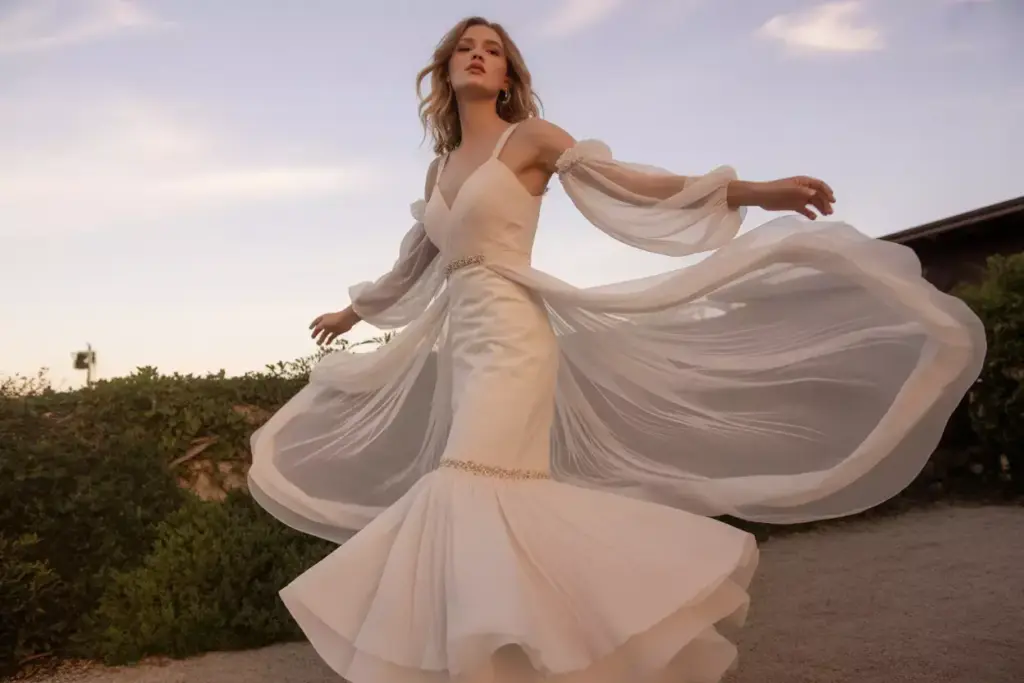 Romantic chiffon tulle mermaid gown with flowing sleeves