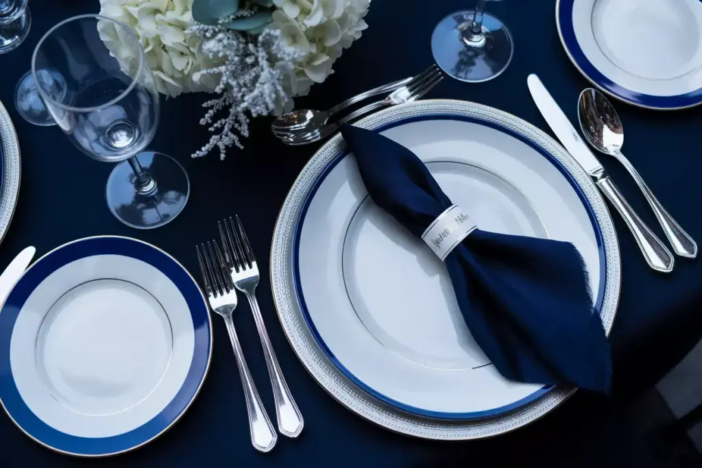 Royal blue silver charger navy napkin white china hydrangeas elegant