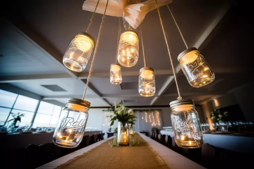 Dramatic cluster of five hanging mason jar lanterns at various heights