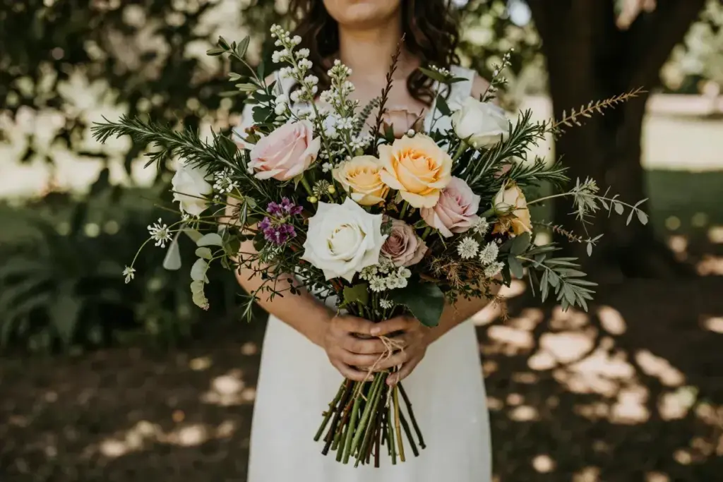 Hand tied natural bouquet garden roses wildflowers herbs greenery