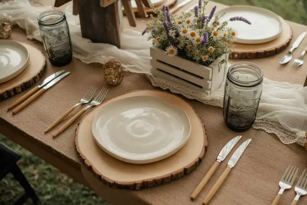 Rustic elegance wooden charger stoneware plate burlap runner wildflowers mason jar