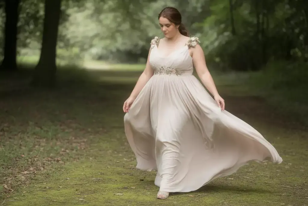 Empire waist wedding dress bride forest clearing flowing skirt