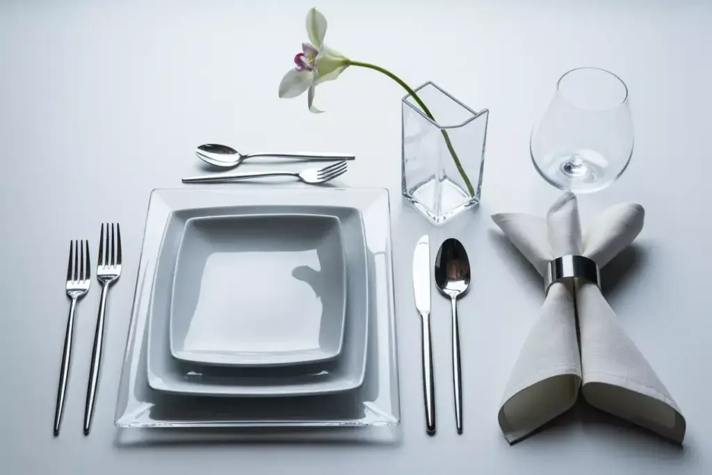 Minimalist modern square white plate acrylic charger geometric glassware single stem