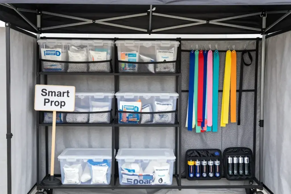 Organized prop storage in clear containers with hanging mesh pockets