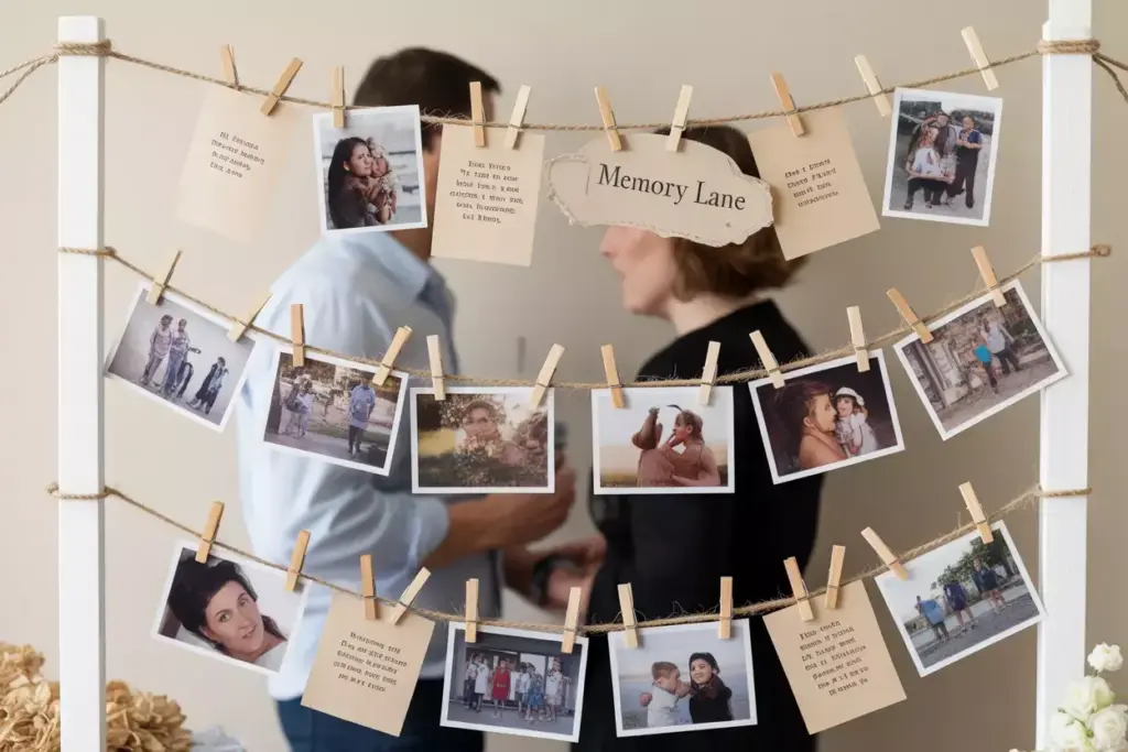 Photo clothesline display with wooden clips and handwritten captions