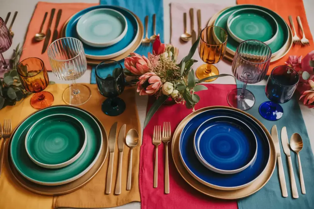 Bold color blocking jewel tone plates brass charger mixed napkins artistic centerpiece