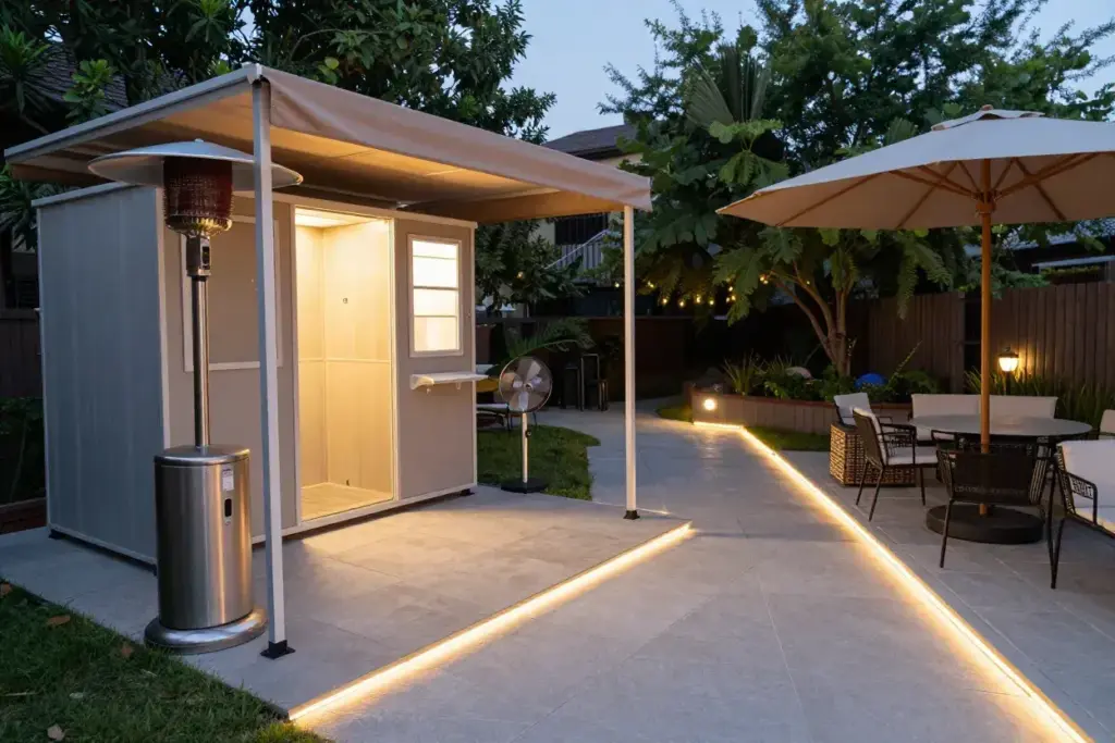 Outdoor photo booth area with heater stable flooring and path lights