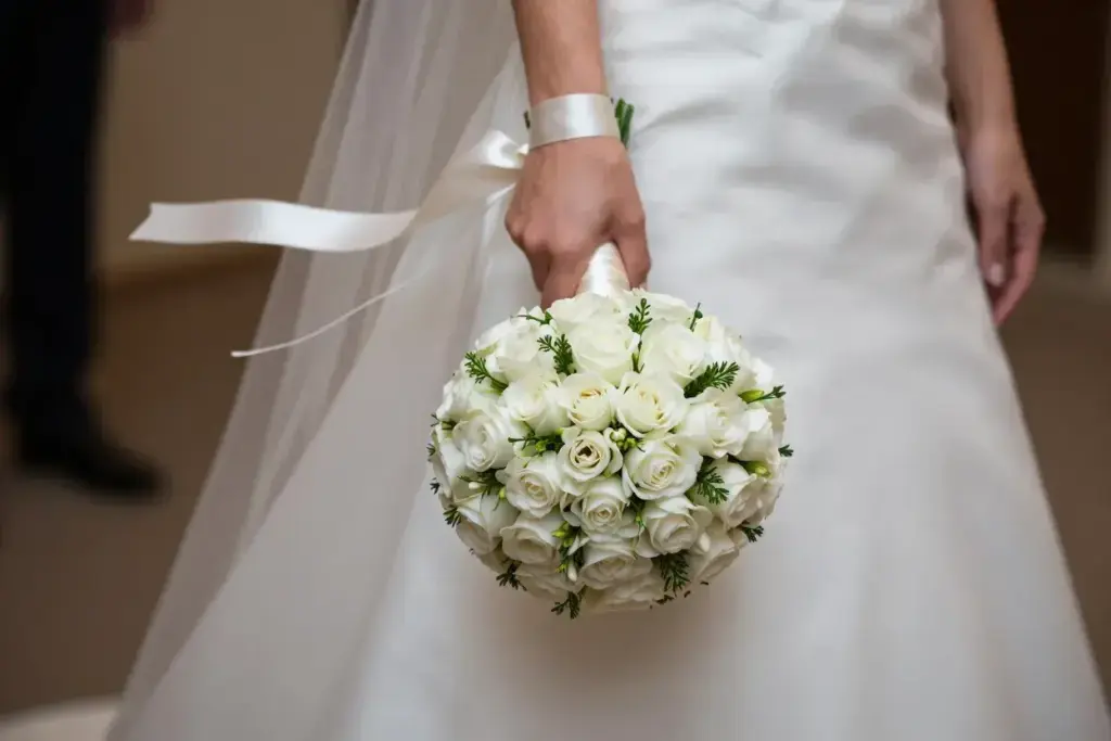 Pomander sphere bouquet baby roses stephanotis ribbon on wrist