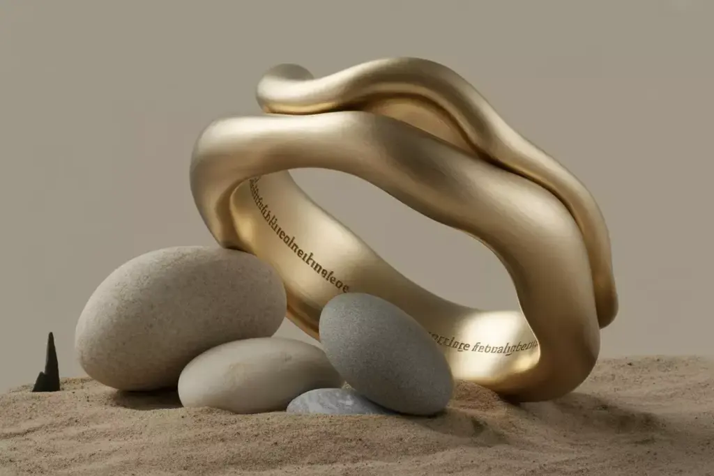 Sculptural pebble shaped gold band alongside river stones