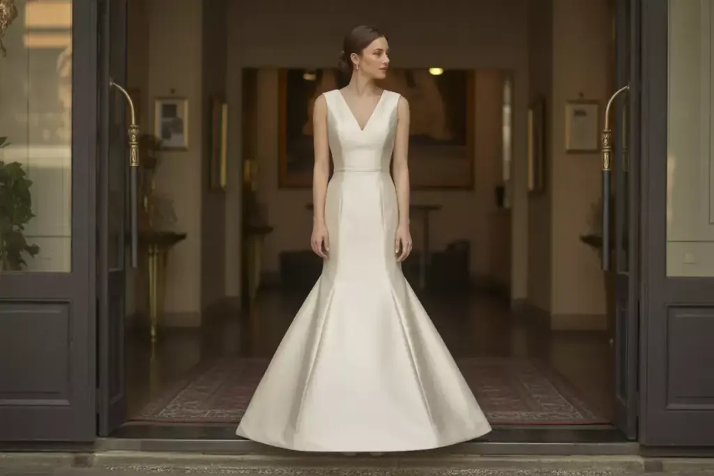 Trumpet wedding dress bride hotel lobby mid thigh flare