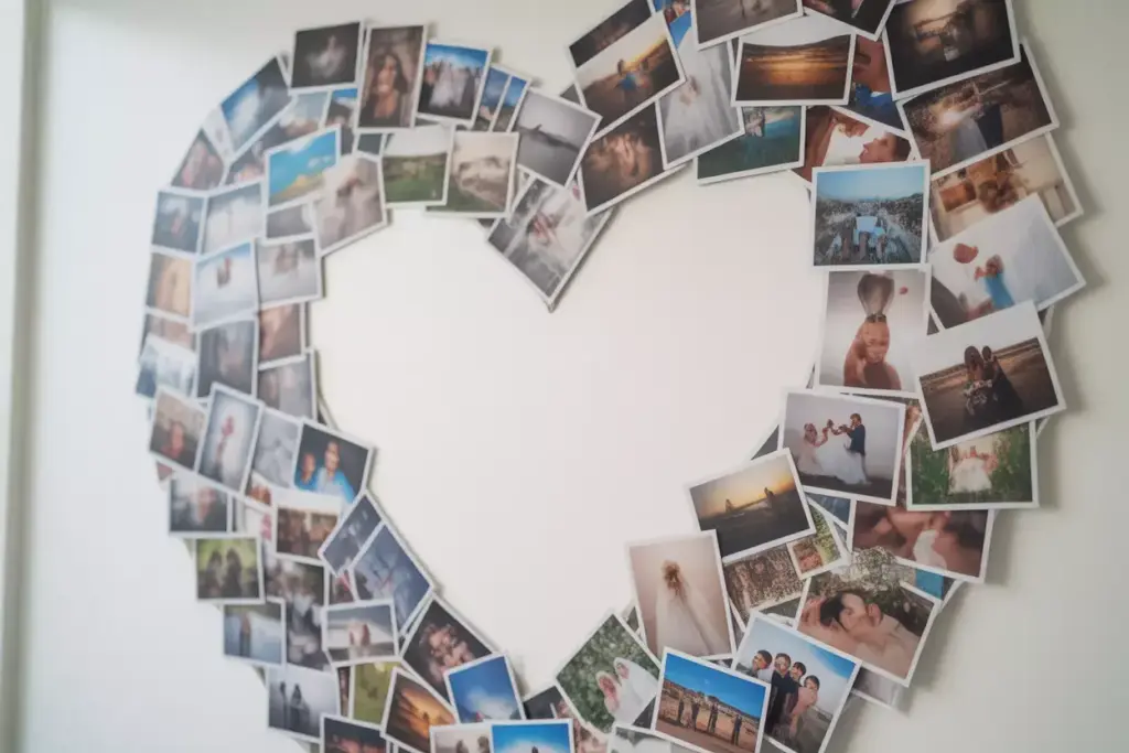 Wall heart collage made from assorted overlapping personal photos