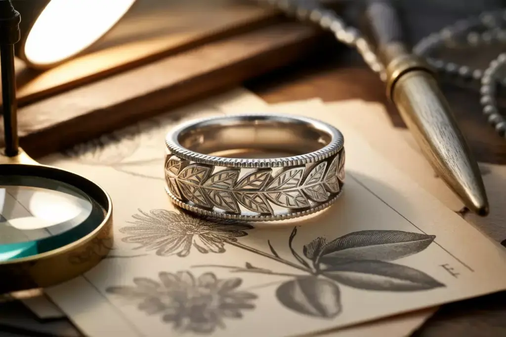 Art deco filigree platinum band on botanical illustration paper