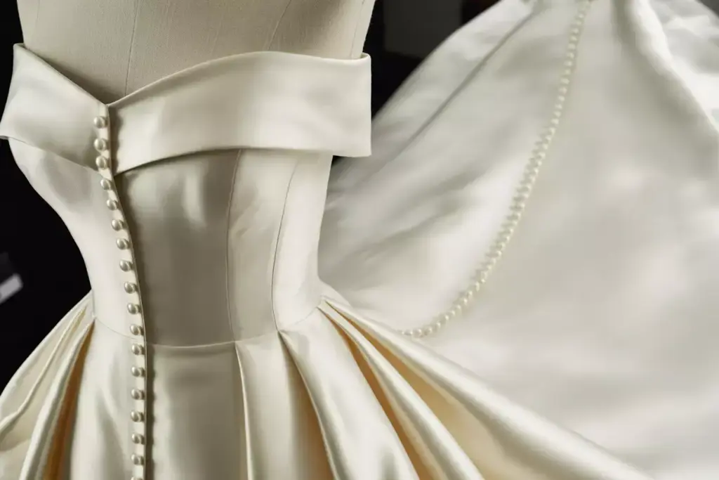 Couture silk mikado mermaid gown with pearl buttons