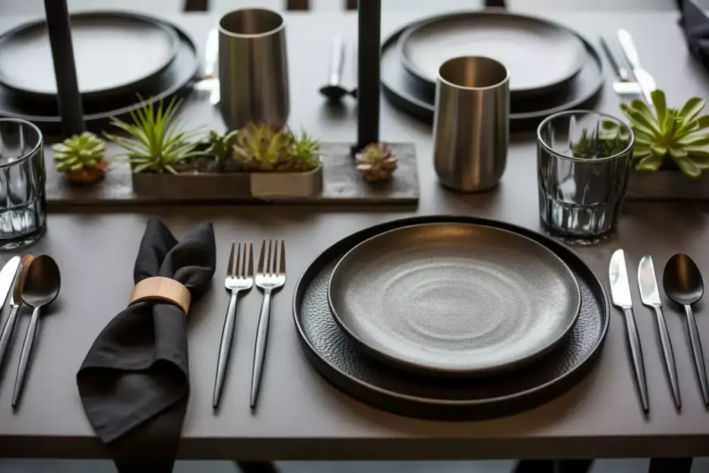 Industrial chic matte black plate metal charger leather napkin ring succulents