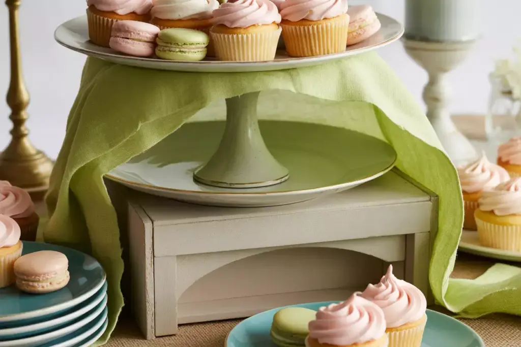 Diy tiered dessert stand with fabric covered base and pastry display