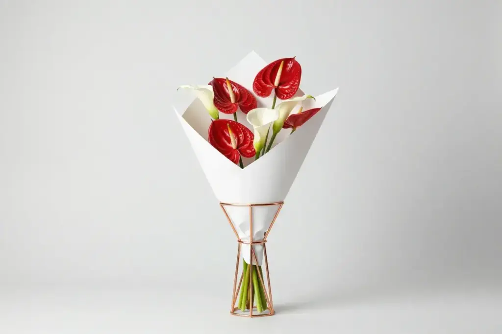 Structured geometric triangular bouquet anthuriums calla lilies copper