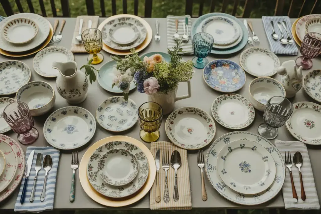 Whimsical garden mixed vintage china patterned napkins assorted glassware floral pitcher