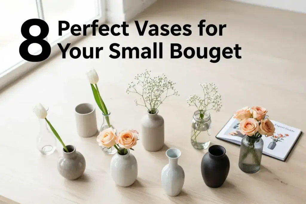 Aerial view eight distinct small vases with blooms on minimalist table