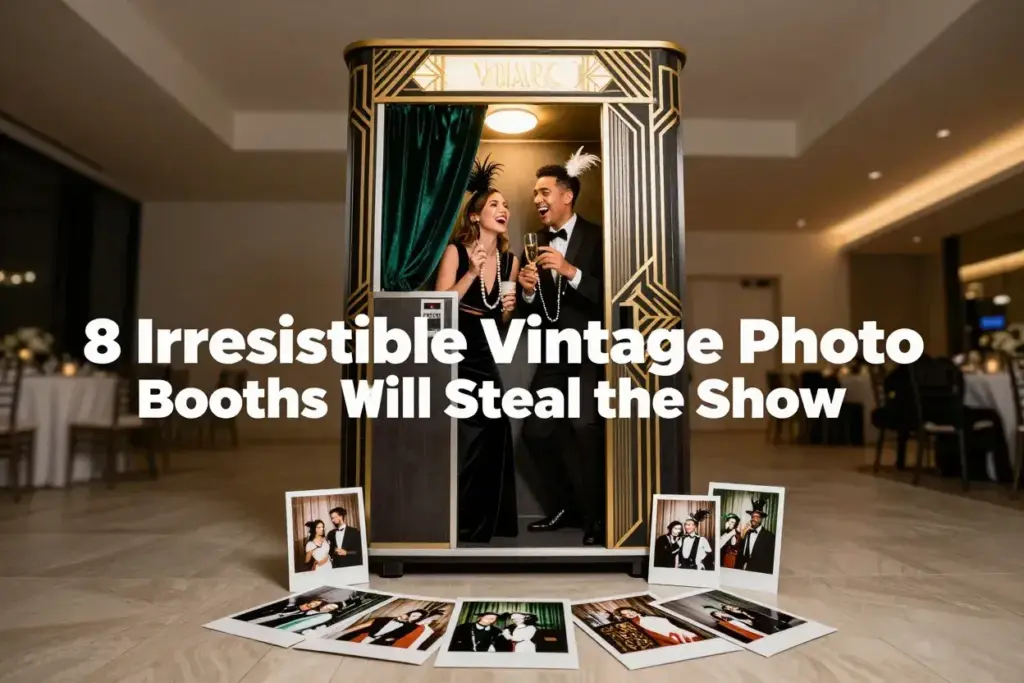 Glamorous art deco photo booth guests posing with props in upscale venue