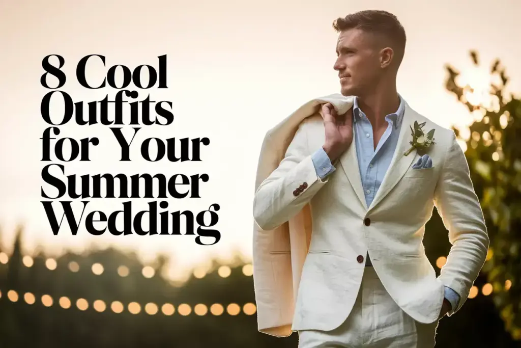 Groom in cream linen suit at sunlit garden wedding venue with suspenders