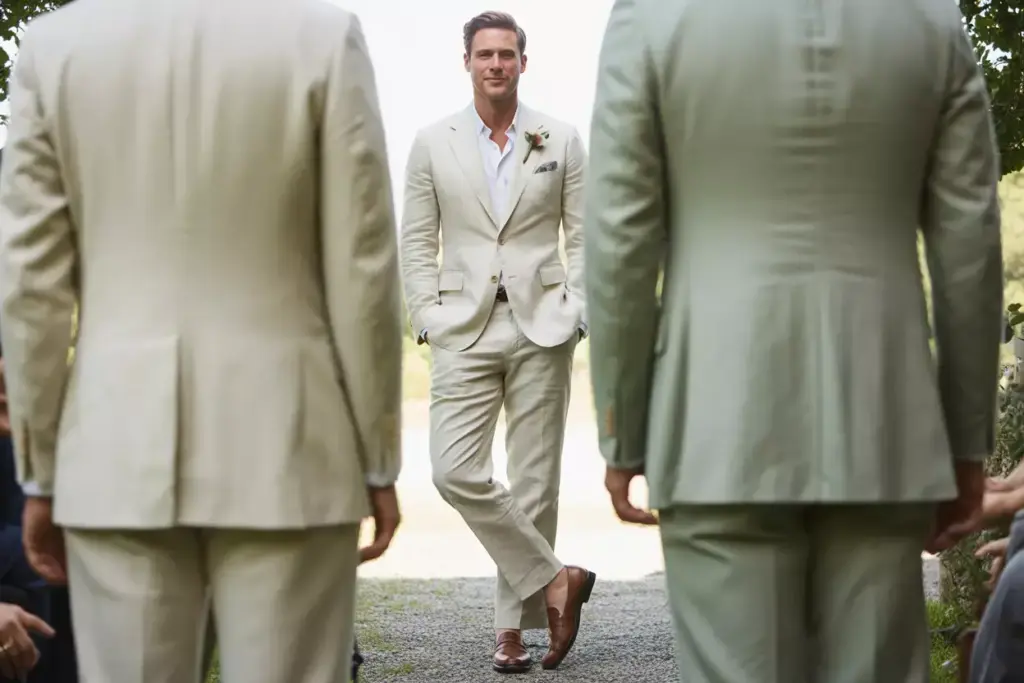 Classic linen suit groom relaxed outdoor garden wedding portrait