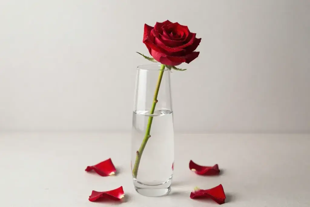 Clear glass bud vase single red rose on minimalist background