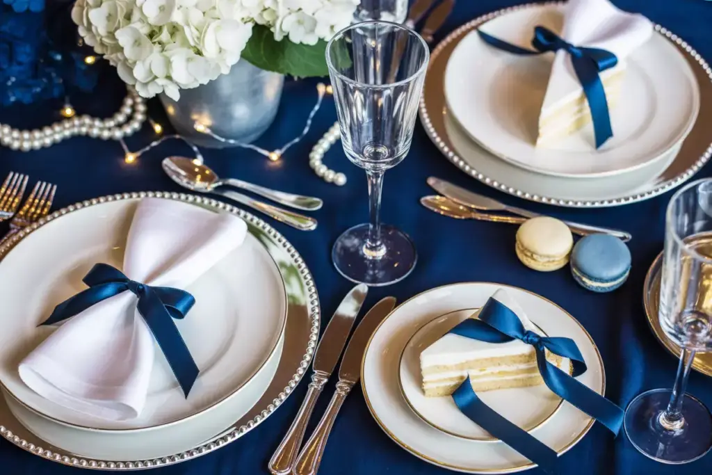 Overhead elegant navy white table setting with hydrangeas and pearls