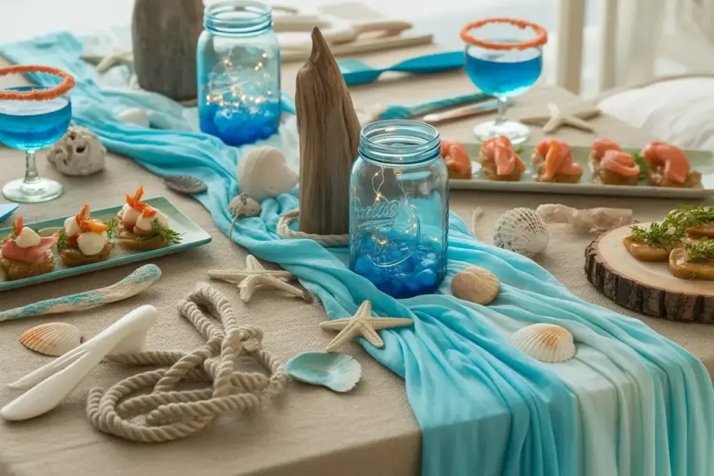 Coastal table with seashells sea glass and aquatic appetizers