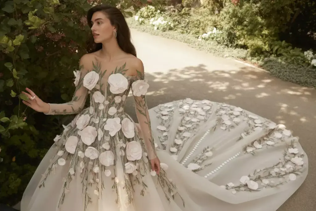 Garden romance gown with silk floral appliques and cathedral train