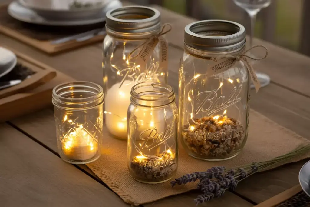 Glowing mason jars with fairy lights and dried lavender fillers