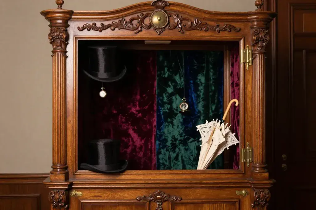 Victorian ornate wooden frame velvet backdrop brass props