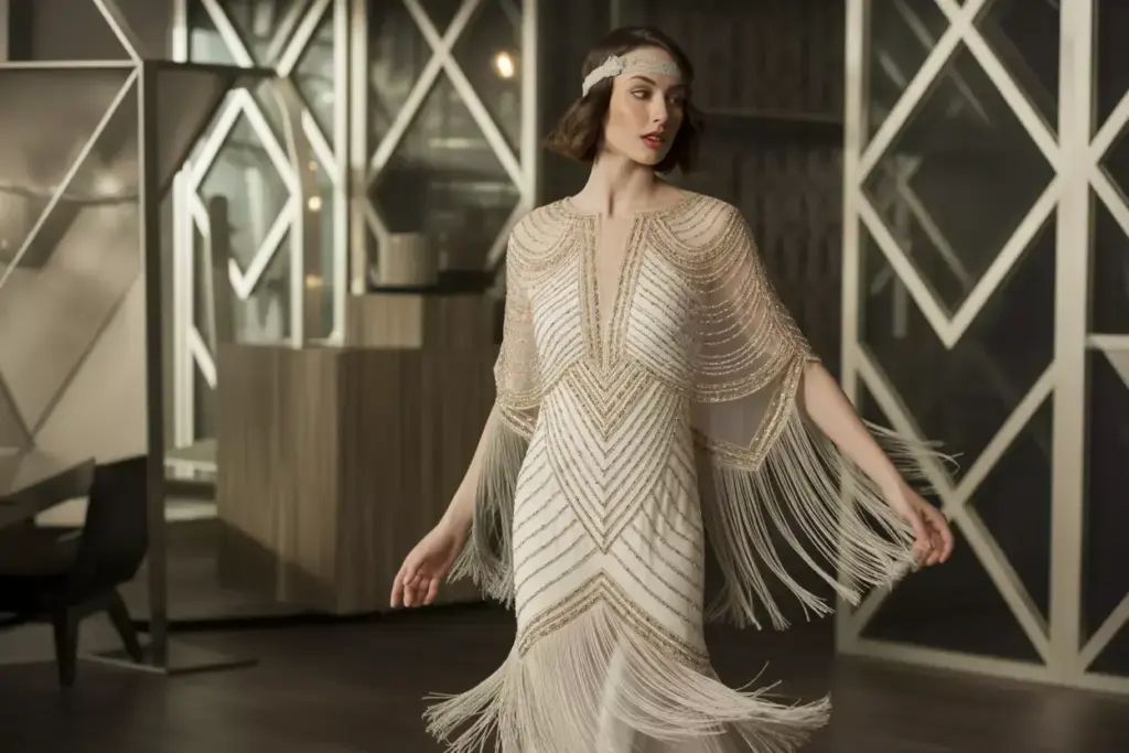 Art deco vintage gown with geometric beadwork and fringe