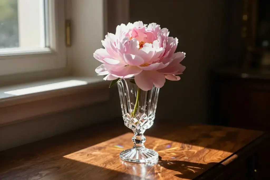 Faceted crystal vase with single pink peony in sunlight